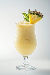 Poster - Refreshing pineapple smoothie in elegant glass with pineapple slice and leaves against clean white background
