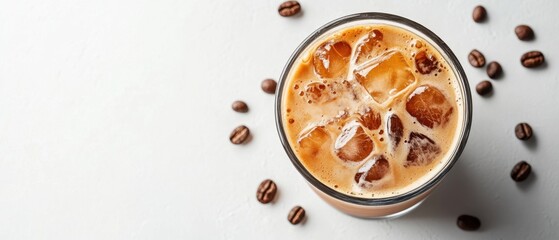 Poster - Refreshing iced latte with coffee beans on a clean white background showcasing a cool and inviting beverage in a top down view