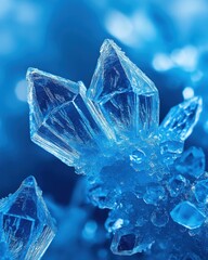 Poster - Captivating Close Up of Jagged Blue Crystal Formation Sparkling with Light on a Blurred Background