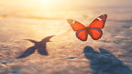 Aufkleber - Beautiful orange butterfly flying over sand at sunset casting shadow similar to a bird, concept of growth and freedom