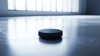 Poster - Black circular platform resting on glossy marble surface, illuminated by soft window lighting, ideal for showcasing product