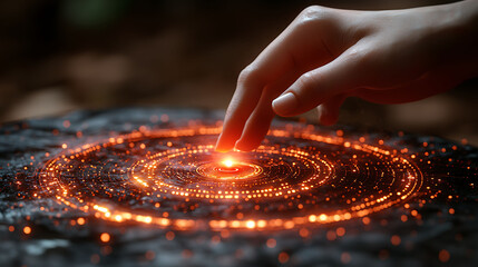 Poster - a fingertip activates a glowing, circular interface on a dark, textured surface. the fiery orange li