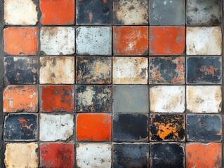 Poster - Distressed Tile Mosaic Featuring a Variety of Colors and Textures Creating a Unique and Rustic Pattern for Interior Design