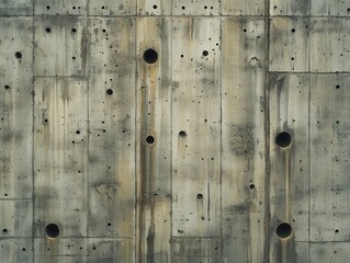 Poster - Gray Concrete Wall with Holes and Rectangular Sections Creates a Distressed Industrial Texture and Pattern for Backgrounds and Overlays