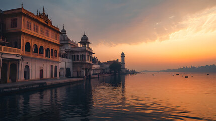 Aufkleber - Magnificent Floating Palace Complex Bathed in Vibrant Sunset Glow on Serene Pichola Lake in the Historic City of Udaipur Rajasthan India  The ornate and intricate lakeside architecture with its domes