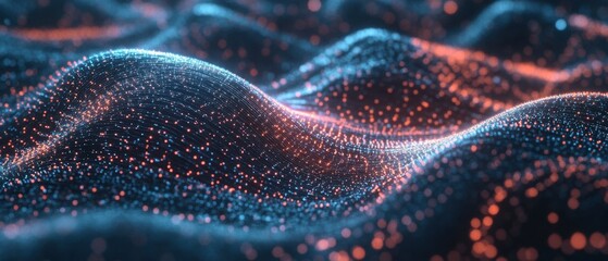 Poster - Abstract data landscape with glowing particles and connected lines representing digital network communication and modern technology concept