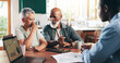 © KayExam/peopleimages.com - Debt, consulting and old couple with financial advisor for retirement fund, fraud protection and pension planning. Documents, advice and solutions with people at home for account manager and help