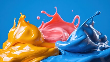 Poster - Vibrant Paint Explosion on Blue Backdrop Capturing Dynamic Motion and Rich Color Palette for Artistic Expression