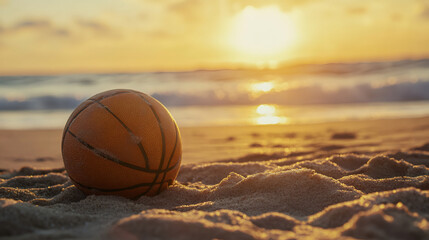 Poster - Orange basketball lying on sandy beach, sunset ocean horizon glowing softly