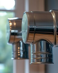 Poster - Gleaming Metal Pipes Reflecting Light in a Modern Interior Design with a Soft Bokeh Background
