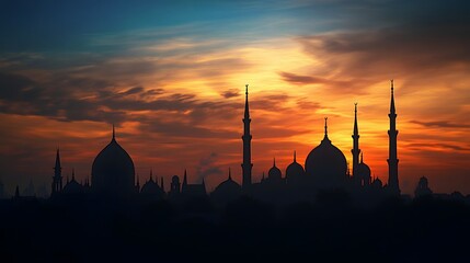 Aufkleber - Silhouetted domes and minarets of an iconic mosque in Istanbul Turkey standing out against a vibrant colorful sunset sky