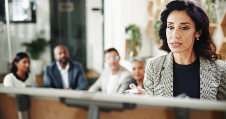 Poster - Business woman, financial report and presentation with whiteboard, budget or advice for customer portfolio. People, accountant or agent meeting with project consultation review or audit assistance