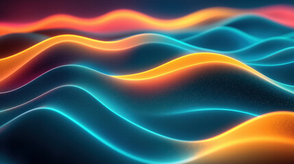 Wall Mural - Neon waves with orange and blue glow on black background. Abstract motion concept