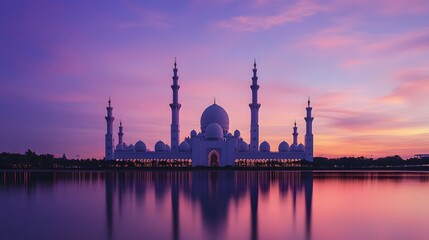Aufkleber - The magnificent domed mosque stands tall and graceful its intricate architectural details silhouetted against a vibrant colorful sunset sky