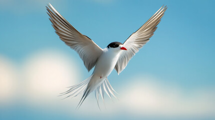 Poster - Majestic arctic tern soaring gracefully with wide open wings against a backdrop of a partially cloudy blue sky, embodying freedom in flight