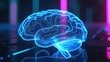 © Maks - The image features a glowing digital hologram of a brain in neon blue, set against a background with pink accents, symbolizing futuristic technology and artificial intelligence concepts.