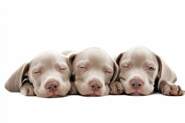 Weimaraner Puppies: Two Adorable Brother Dogs of Weimaraner Breed Lying Alone on White Background