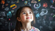© Stella 16 - Little schoolgirl looking up at glowing science and mathematics equations on a blackboard, with a dreamy expression of curiosity and wonder
