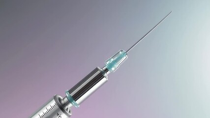 Poster - Sterile medical syringe containing blue liquid, slowly rotating in professional laboratory setting with gradient background, highlighting precision of medical instruments