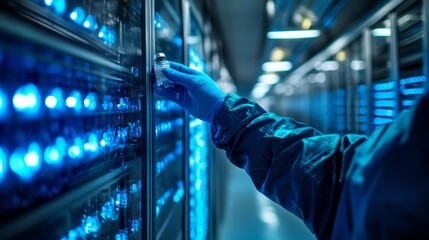 Aufkleber - In a modern laboratory, a gloved hand reaches forward to grasp a vial from a high-tech refrigerated unit, surrounded by softly glowing blue lights, highlighting the precision of the moment.