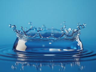 Poster - Captivating water splash crown on serene blue backdrop creating a dynamic and refreshing visual impact for various creative projects