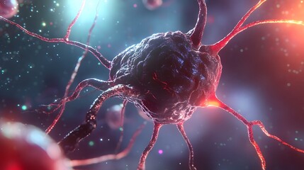 Fototapete - Vibrant Glowing Neuron Structure in Futuristic Digital Abstract Backdrop  Microscopic view of neural cell with synaptic transmission and electric impulses