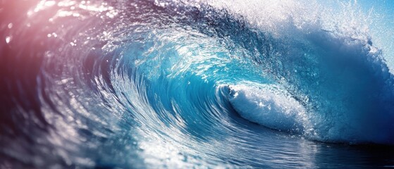 Poster - Captivating turquoise wave cresting with dynamic energy reflecting sunlight in a serene ocean environment showcasing nature's power and beauty