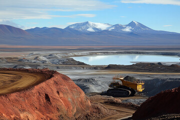Poster - Lithium extraction site with brine evaporation process. Generative AI