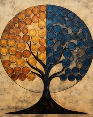 Poster - Artistic Tree of Life with Golden and Blue Discs Symbolizing Balance and Harmony in a Textured Background