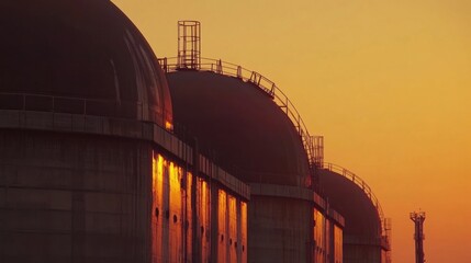 Poster - Industrial gas storage tanks silhouetted against a warm orange sunset sky. Generative AI