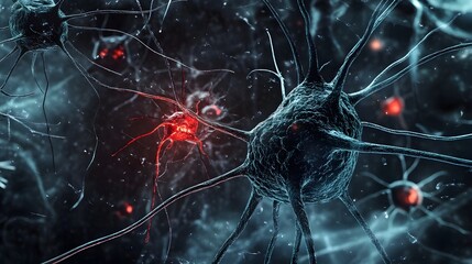 Fototapete - Vibrant neural network connections transmitting synaptic signals through axons and dendrites in the cerebral cortex representing the complex biological processes of cognition memory