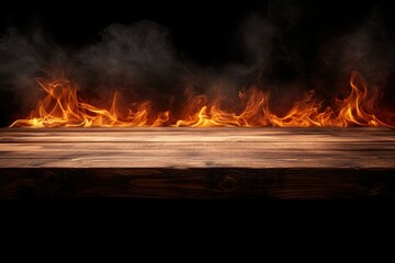 Poster - Dramatic fiery background with a wooden table surface perfect for product showcase and advertising photography for web design