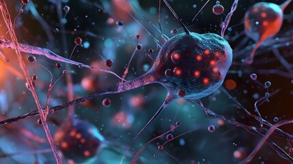 Fototapete - Vibrant Neural Network Synapse and Cell Anatomy in Digital Abstract and microscopic view of the complex structure and interconnected neurons in a futuristic scientific and medical conceptual image