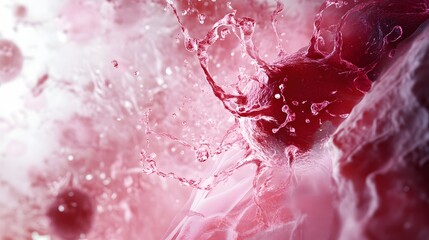 Poster - Vibrant red liquid splash in dynamic abstract motion and flow with water droplets ripples and a aesthetic