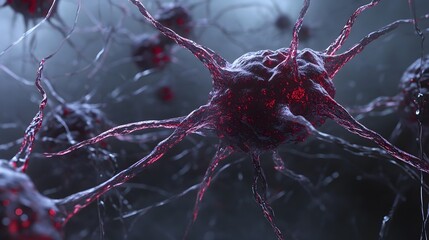 Fototapete - Vibrant Red Neural Network Synapse Electricity Impulse Structure  Abstract microscopic view of the complex and intricate network of neurons synapses