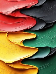 Poster - Vibrant strokes of red yellow green and black paint create a textured abstract background with depth and artistic flair perfect for modern design