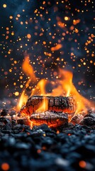 Poster - Fiery Embers Dance in the Night A Captivating Display of Burning Wood and Glowing Sparks in Dark Ambiance