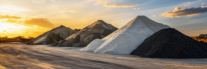 Poster - Mounds of sand gravel and crushed stone at sunset. Generative AI