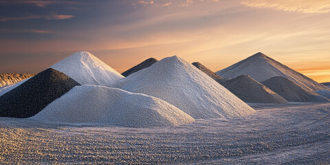 Aufkleber - Mounds of sand gravel and crushed stone at sunset. Generative AI