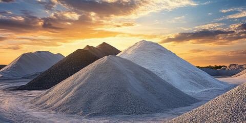 Aufkleber - Tall mounds of sand and gravel at sunset in open space. Generative AI