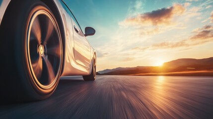 Poster - Sunset drive on an open road with a sports car speeding towards the horizon under a colorful sky. Generative AI