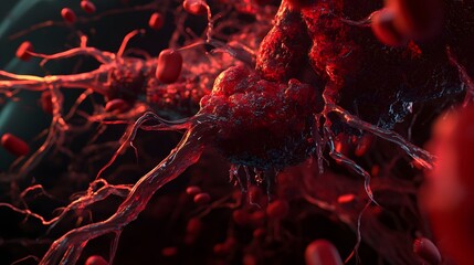 Poster - Vivid microscopic organic texture with intense red and surreal biological structures abstract and complex micrograph image of scientific or medical research  Digital scientific imagery