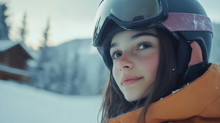 Cheerful female skier wearing protective gear, standing on snow-covered mountain slope during winter adventure