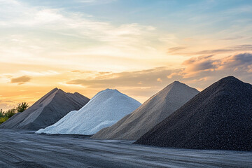 Poster - Mounds of sand, gravel, and crushed stone at sunset. Generative AI