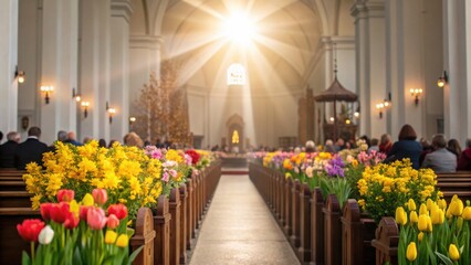 Aufkleber - Bright church interior adorned with colorful flowers and sunlight streaming through the windows.