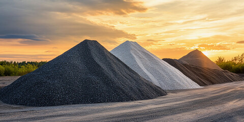 Poster - Tall mounds of sand, gravel, and crushed stone at sunset. Generative AI