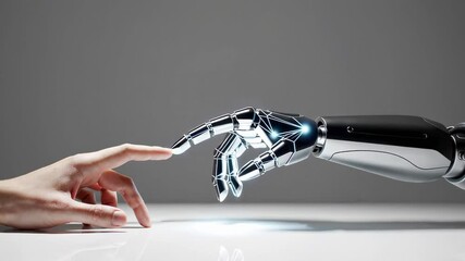 Aufkleber - Human and robotic hand gently touching fingertips, symbolizing technological synergy and collaborative potential, representing futuristic human robot interaction against minimalist white background