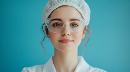 Aufkleber - In a well-lit laboratory environment, a focused woman wearing a white lab coat, protective glasses, and a hair cap exudes confidence.