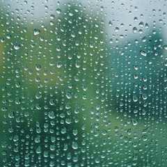 Poster - Serene window pane adorned with glistening raindrops reflecting verdant nature creating a tranquil mood and refreshing atmosphere during a rainy day