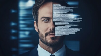 Digital Transformation Man's Face Partially Obscured by Binary Code
